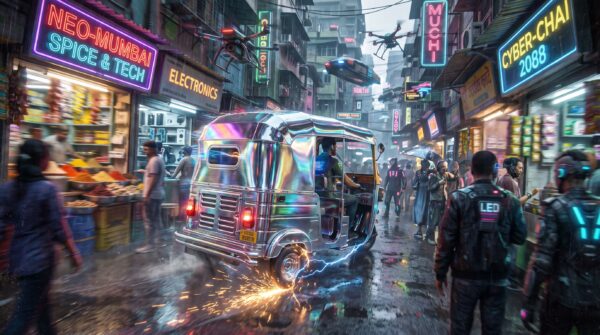 Cyberpunk Rickshaw Drift Desktop Wallpaper
